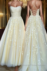 Backless Yellow Tulle Long Lace Semi Formal Prom Dresses, Open Back Yellow Lace Formal Evening Dresses